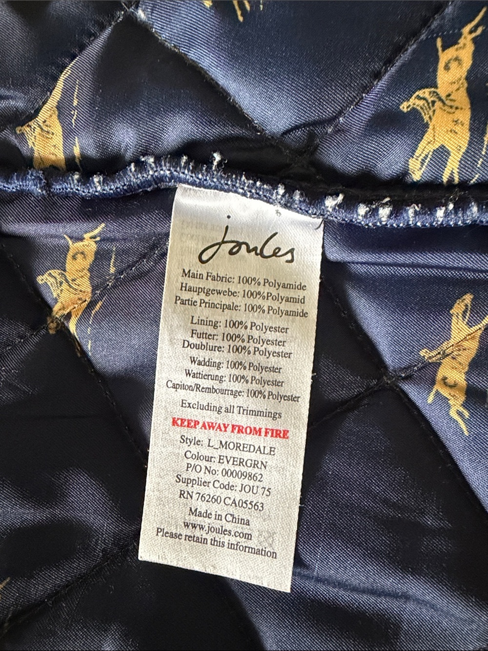 Joules Quilted Dark Green Jacket with Navy Trim - Picture 6 of 6